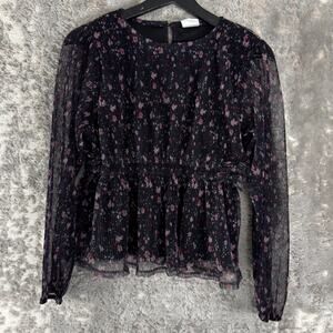 Self Esteem Size XL Dark Floral Sheer Casual Top Black Long Sleeve Button